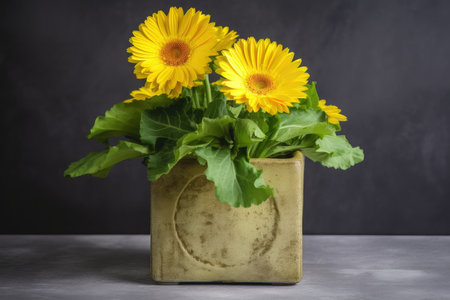 yellow gerbera surrounded by green foliage in concrete flowerpot, created with generative aiの素材