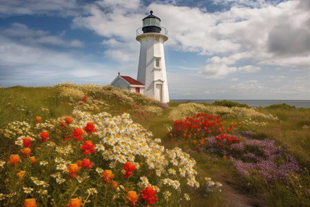 lighthouse surrounded by blooming flowers, symbolizing new life, created with generative aiの素材