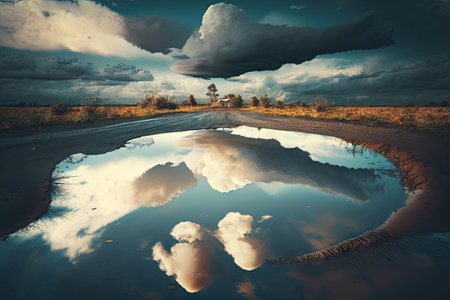 puddle with a reflection of the sky and clouds during a stormy day, created with generative aiの素材