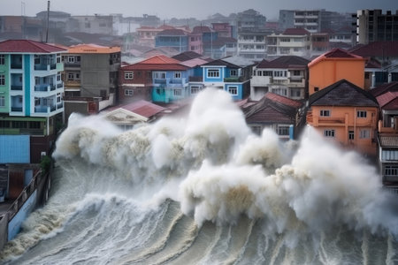 tsunami wave crashes into coastal city, flooding streets and destroying buildings, created with generative aiの素材