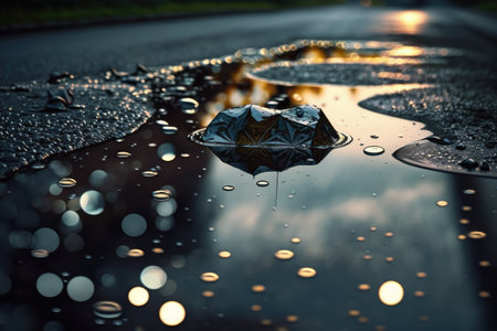 close-up of puddle, with raindrops falling from above, created with generative aiの素材