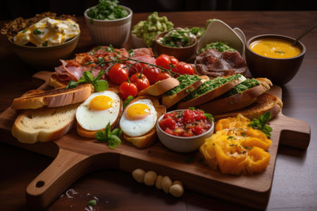 breakfast platter with bruschetta and eggs, created with generative aiの素材