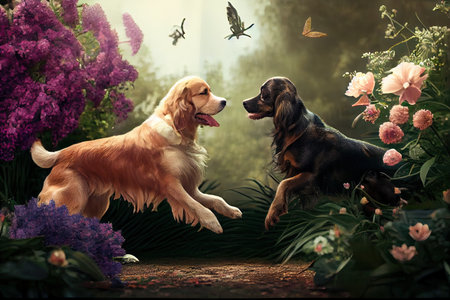 two dogs playing in garden, with flowers and trees in the background, created with generative aiの素材