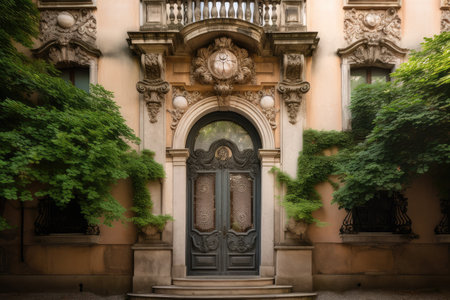 baroque building with intricate window and door details, surrounded by lush greenery, created with generative aiの素材