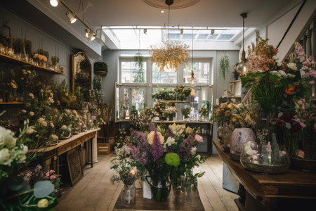 posh boutique flower shop, with flowers and plants on display for customers to browse, created with generative aiの素材