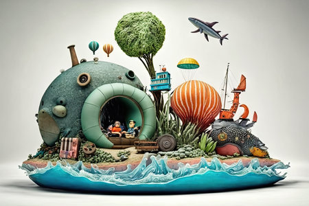 a surreal float island made from a collection of recycled materials and discarded objects, including an old tire, a stuffed animal, and a plastic bottle., created with generative aiの素材