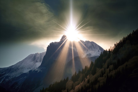 solar flare, with its intense beam of light, shining down on majestic mountain range, created with generative aiの素材