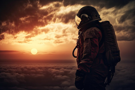 space tourist observing sunset on the planet, with visible atmospheric layers and clouds, created with generative aiの素材