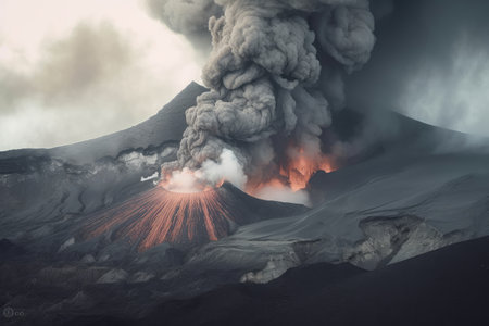 volcanic eruption with lava flow bursting from the volcano, surrounded by mist and smoke, created with generative aiの素材