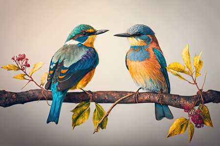 two birds perched on branch, side by side, created with generative aiの素材