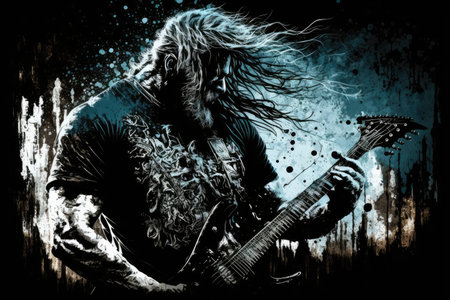 heavy metal guitarist, with eyes closed and head back, playing intense solo, created with generative aiの素材