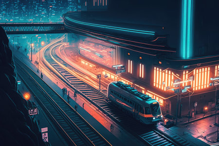 neon night city crossing with view of busy train station, with trains coming and going, created with generative aiの素材