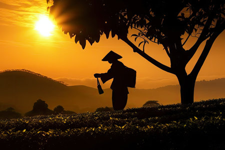 tea plantation sunset with silhouetted worker, picking leaves, created with generative aiの素材