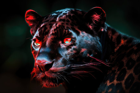 trippy black panther, with its eyes shining bright red, created with generative aiの素材
