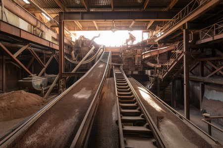metal ore processing plant, with loaders and conveyors moving materials between steps, created with generative aiの素材