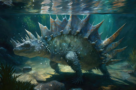 stegosaurus swimming in crystal-clear stream, with its tail and back fins visible, created with generative aiの素材