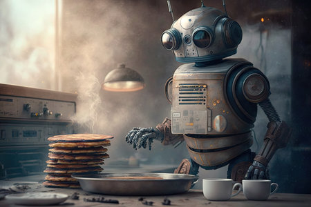 robot assistant, cooking pancakes for breakfast, with the smell of fresh baking filling the air, created with generative aiの素材