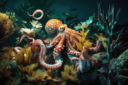 trippy octopus swimming amongst underwater plants, created with generative aiの素材