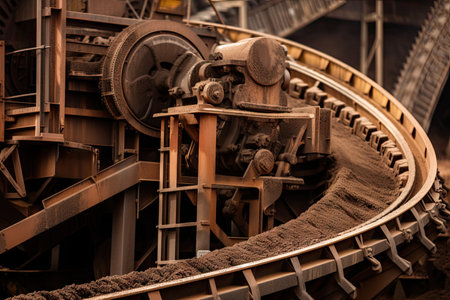 close-up of mining machinery, with conveyor belt and buckets in motion, created with generative aiの素材