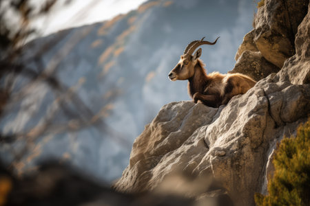 picturesque view of an ibex hanging from a cliffside with its hooves securely on the rock, created with generative aiの素材