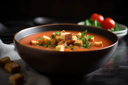 bowl of gazpacho, topped with croutons and garnish, created with generative aiの素材