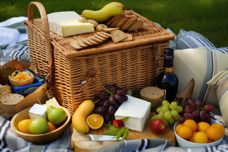 picnic basket overflowing with treats, including fresh fruit and cheeses, created with generative aiの素材