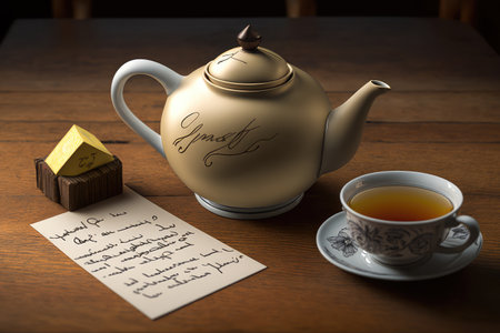 teapot on a wooden table with cup of hot tea and slice of lemon, created with generative aiの素材