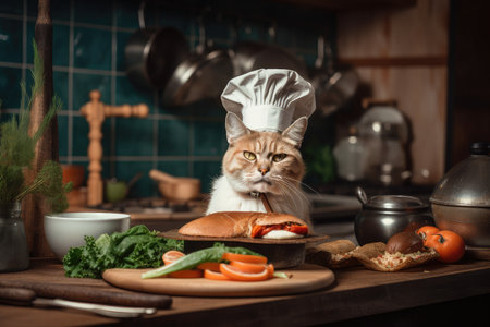 cat chef, wearing a stylish toque and an apron, cooking up a delicious meal of fish & vegetables, created with generative aiの素材