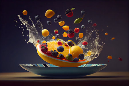plate of summer fruits, flying through the air in slow motion, created with generative aiの素材