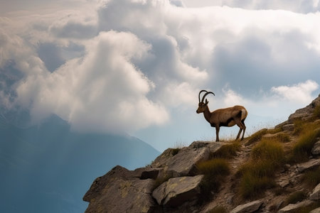 peaceful scene with ibex standing still on the cliffside and clouds in the sky, created with generative aiの素材