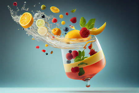 fruit cocktail with a variety of summer fruits, flying or floating in the air, created with generative aiの素材
