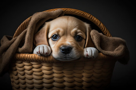 cute puppy is sitting in basket, with its head peeking out, created with generative aiの素材