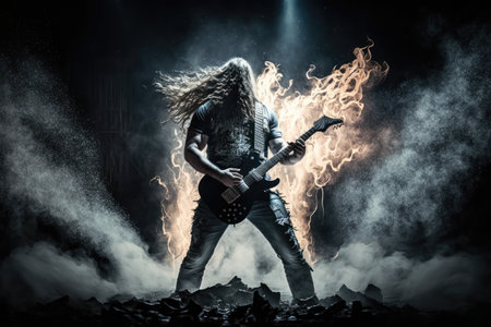 heavy metal guitarist, with their guitar and gear, performing in smoke-filled room, created with generative aiの素材
