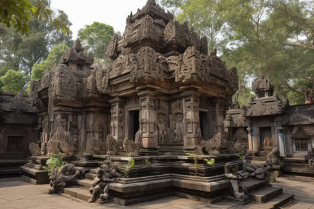 ancient temple, with intricate carvings and sculptures on its columns and walls, created with generative aiの素材