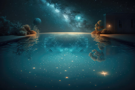 swimming pool at night, with twinkling lights and underwater stars, created with generative aiの素材