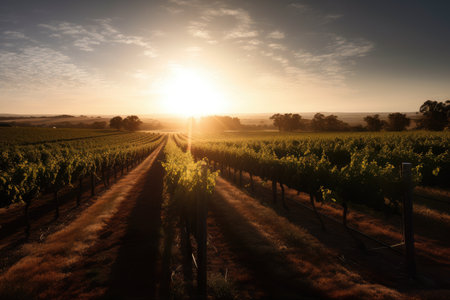 vineyard with rows of grapevines and sun peeking over the horizon, created with generative aiの素材
