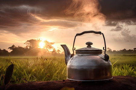 teapot, full of steaming hot tea and steam rising up, surrounded by sunset in plantation, created with generative aiの素材