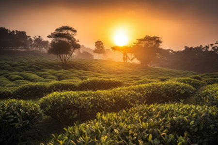 tea plantation sunset, with the sun setting over rows of tea plants, created with generative aiの素材