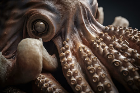close-up of octopus kraken monsters tentacle, with its suckers and razor-sharp teeth visible, created with generative aiの素材