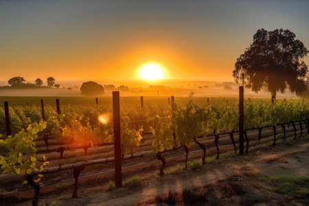 vineyard at sunrise, with the sun peeking over the horizon, created with generative aiの素材