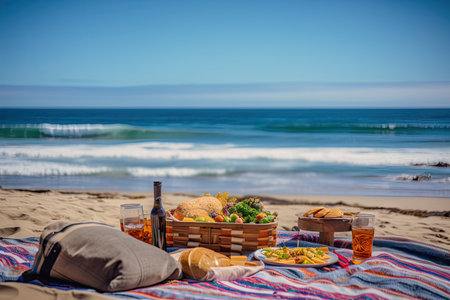 summer picnic on beach, with view of rolling waves and blue skies, created with generative aiの素材