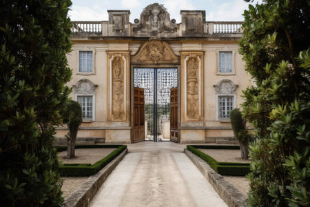 ornate door leading to classical building, with view of gardens and fountains visible in the background, created with generative aiの素材