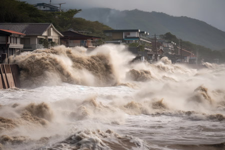 tsunami rushes toward shore, bringing with it massive waves and flooding, created with generative aiの素材