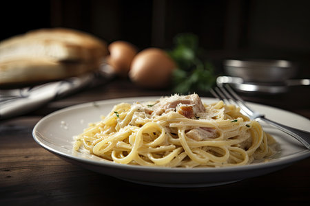 plate of creamy carbonara, with bacon and egg, created with generative aiの素材