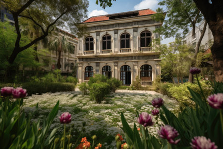 classical building, surrounded by lush garden and blooming flowers, created with generative aiの素材