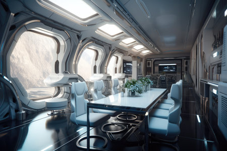 dining room of futuristic space station, with sleek tables and chairs, created with generative aiの素材