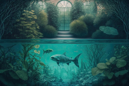 swimming pool with view of underwater garden and fish swimming among the plants, created with generative aiの素材