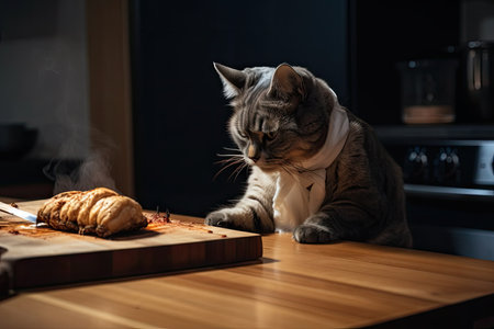 cat chef roasting chicken on a wooden board, created with generative aiの素材