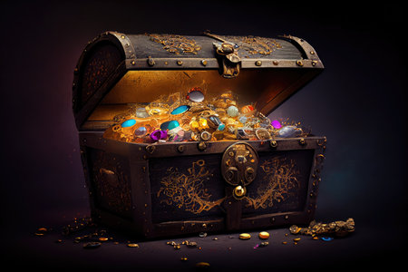 treasure chest bursting with gold coins and jewels, on a background of dark shadows, created with generative aiの素材