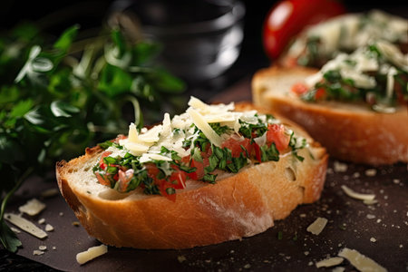 close-up of bruschetta, with fresh herbs and parmesan cheese visible, created with generative aiの素材